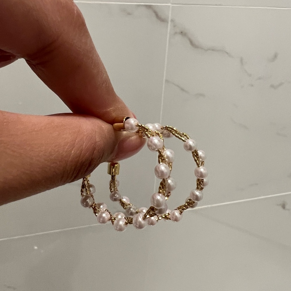 New! Gold Plated Pearl Braided Hoop Earrings - Picture 3 of 3